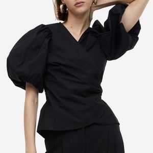 H&M Balloon-sleeved Wrap Blouse in Black
